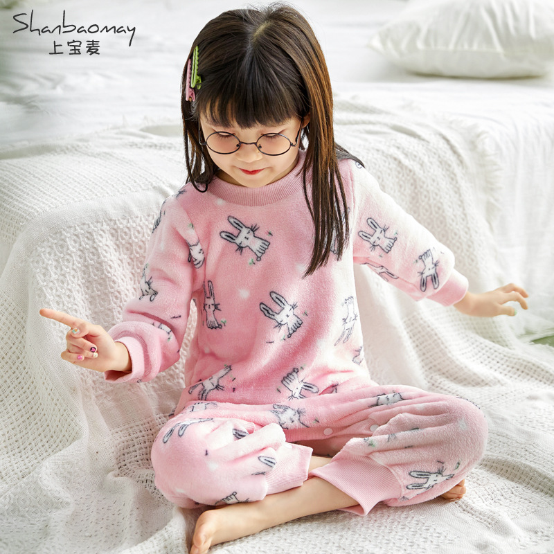 Sangbaomai Autumn and Winter New Children's One-piece Pajamas Flannel Girls' Warm Pajamas Coral Fleece Home Clothes Thickened