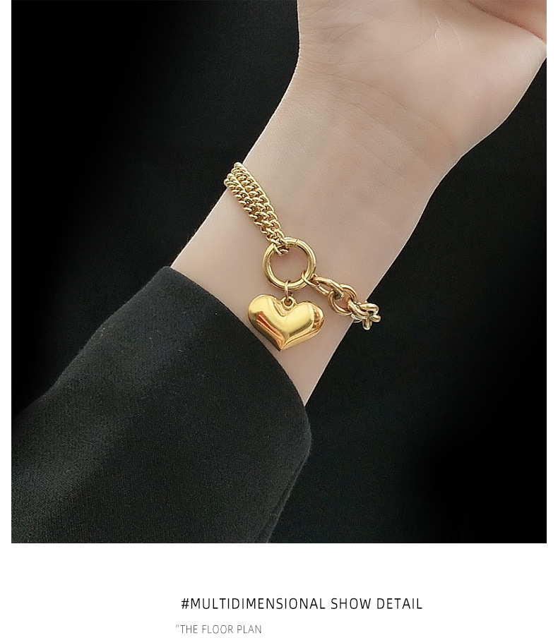 Heavy Rough Flat Love-shaped Wild Heart Titanium Steel Plated 18k Gold Bracelet For Women display picture 13