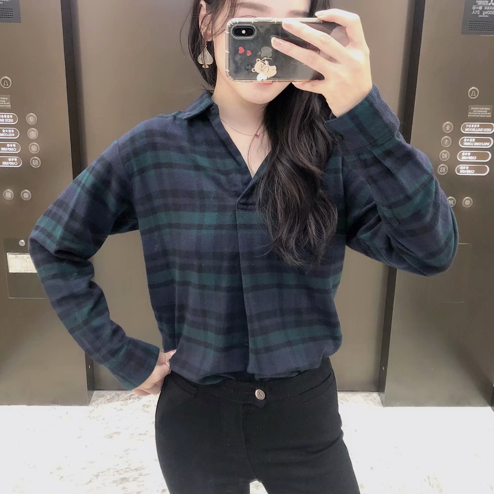  Fall Flannel Plaid Half Open Collar Shirt Long Sleeve Shirt NSAM2298