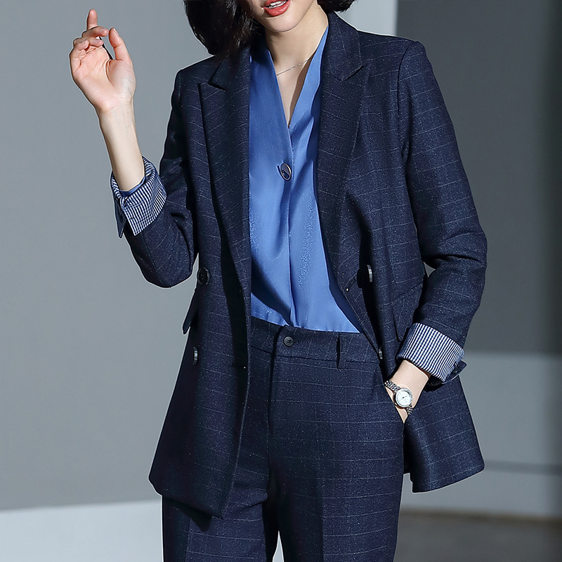 Business Suits 2020 Spring suit Long sleeve lattice Mid length version suit lady temperament fashion white collar coverall