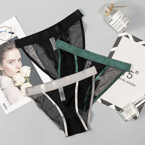Contrast color mesh transparent women's underwear, thin Japanese lace triangle girl's panties, pure cotton crotch sexy underwear for women