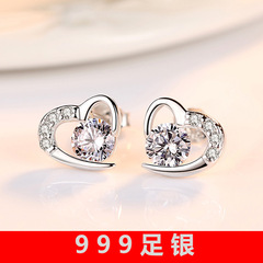999 Pure Silver Female Earrings with Simple Elegance, High-end Feel, Heart-shaped, New Trendy Cold Style, Influencer's Choice