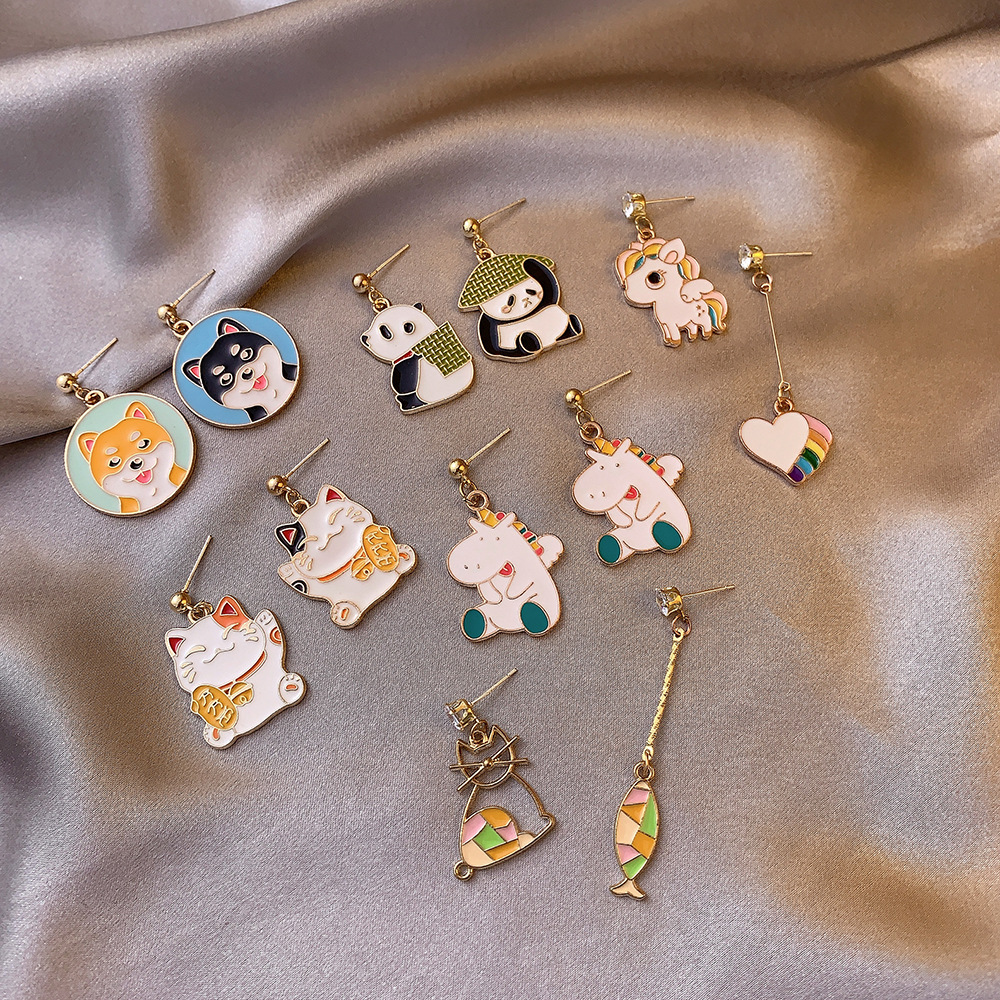 New Asymmetrical  Cute Panda Puppy Lucky Cat Earrings display picture 5