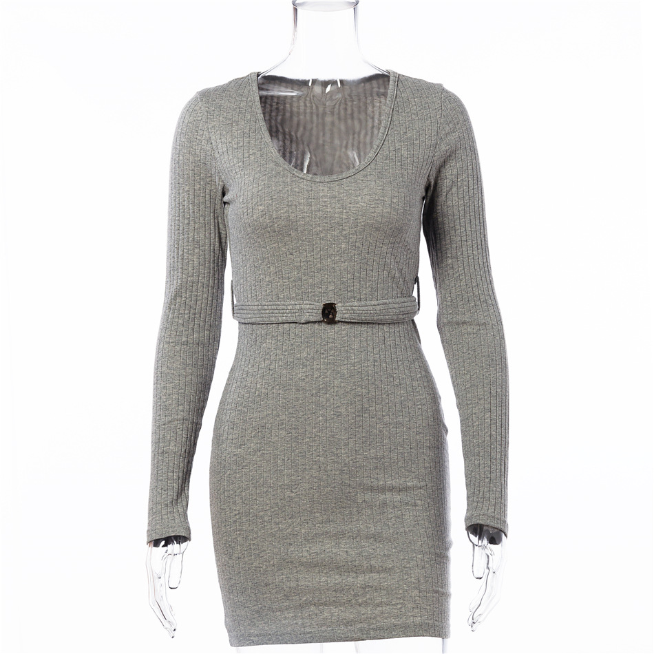 New Fashion Hot Sale Sexy V-neck Knitted Long-sleeved Short Skirt Slim Belt Bag Hip Dress Wholesale display picture 7