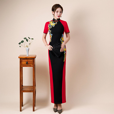 Women black with red Chinese dresses china traditional qipao dresses Cheongsam red long short sleeve retro cheongsam skirt