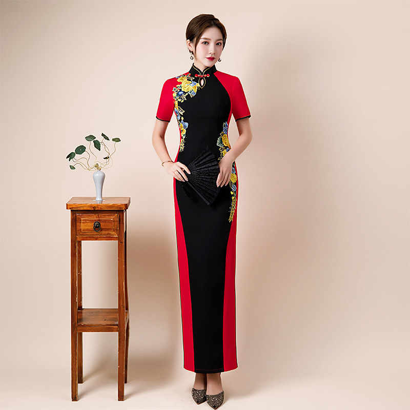Women black with red Chinese dresses china traditional qipao dresses  Cheongsam red long short sleeve retro cheongsam skirt