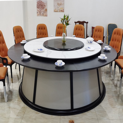 酒店电动大餐桌现代五金自动旋转圆形高级岩板2.8米30人火锅餐桌