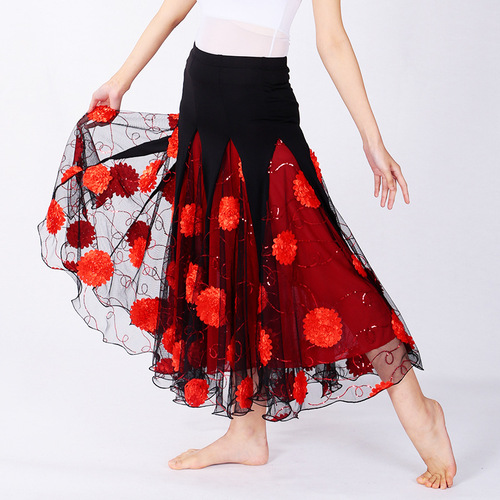 Pink blue yellow red flowers Modern ballroom dance skirt for women girls large swing skirt flower sequins waltz tango practice national standard dance long skirt