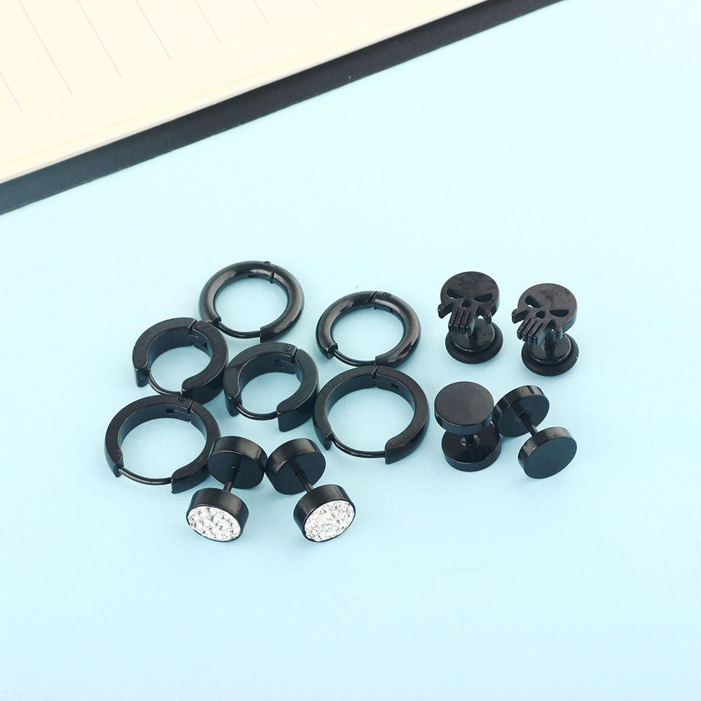 Amazon Hot Sale Mixed Earrings Set - Titanium Steel Stud Earrings for Men - Punk Style Duck Motif - 8mm Black 12pcs detail image 8