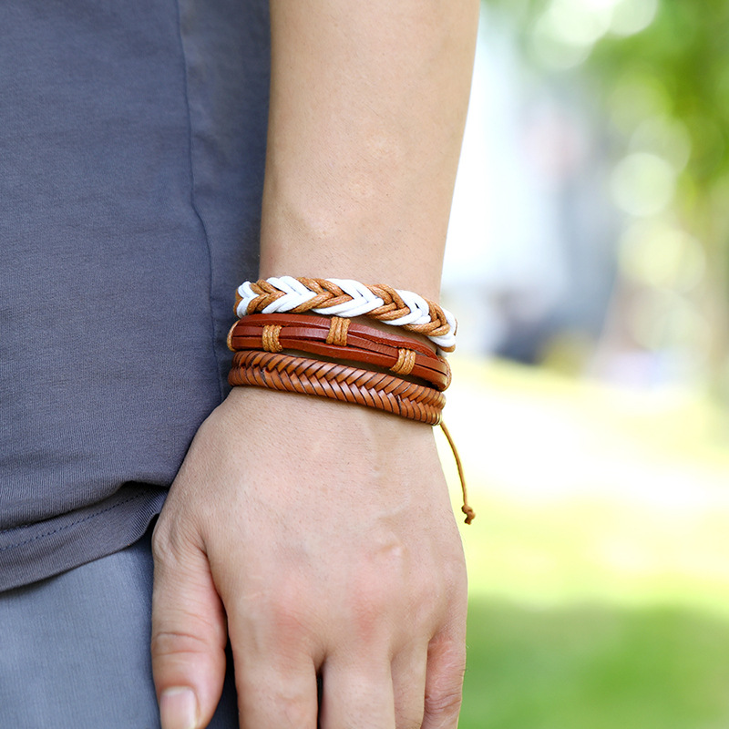 Hiphop style vintage braided cowhide 10 piece leather bracelet for women