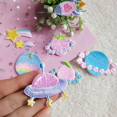 Adorable Macaron Galaxy Planet Shooting Star Cartoon Embroidered Fabric Sticker for School Bags, Shoes, Clothing, and Decor - Self Adhesive