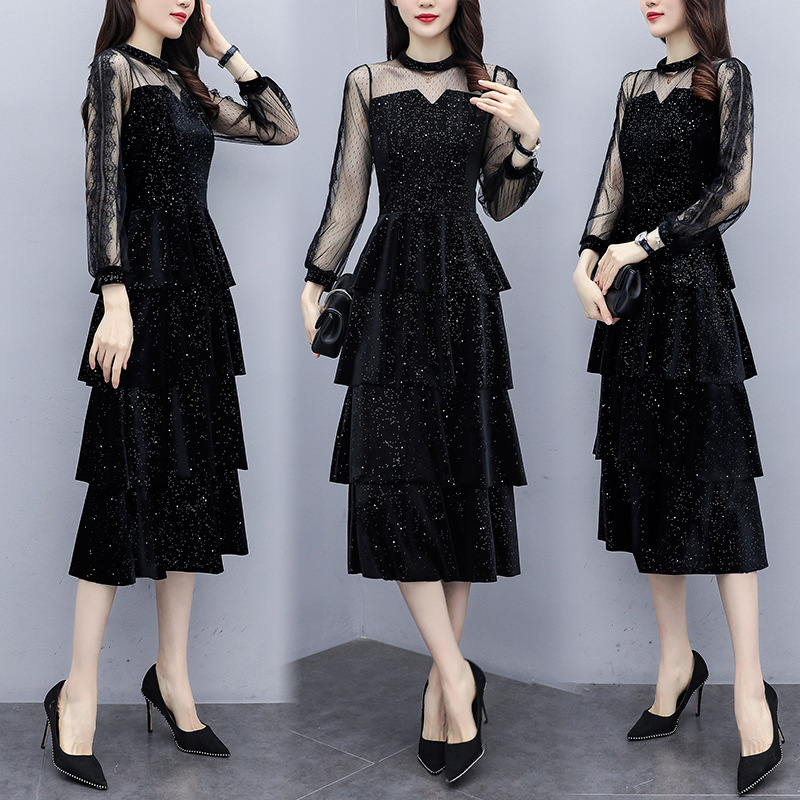 黑色裙子女2021春秋晚礼服高冷女神范气质丝绒亮片蛋糕裙连衣裙女