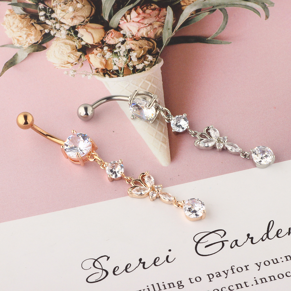 Rose Gold CZ Navel Ring 316L Surgical Steel Dangle Belly Button Ring Cross Border Jewelry detail image 9