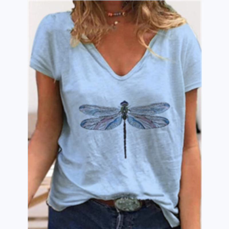 Cross border 2020 summer new Amazon fast selling popular European and American Dragonfly printed short sleeve V-neck T-shirt for women