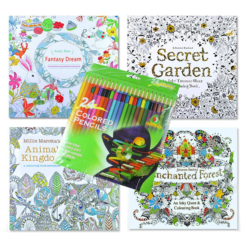Coloring book set, anti‑stress illustrations, 18.5×18.5 cm, 24 pages, includes 12/24‑color lead options