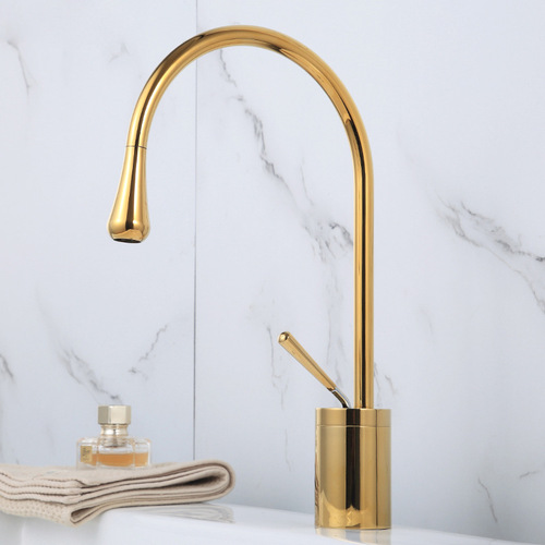 All-copper Nordic light luxury simple above-ground basin water drop basin wash basin rotating black bright gold hot and cold faucet