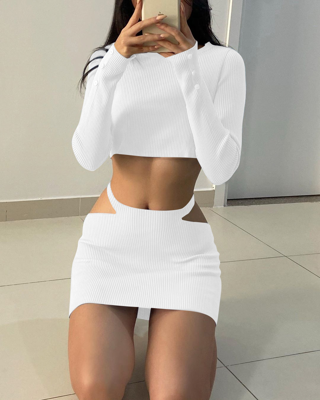 wholesale clothing vendor Nihaostyles long-sleeved crop top hollow skirt set NSHTL67590