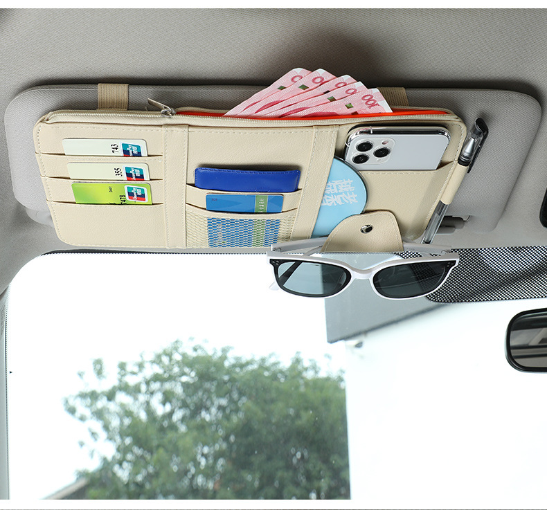 Cross-Border Car Sun Visor Glasses Clip Zipper Type Car Ticket Holder Sunshade Car Phone and Document Holder Storage Bag
