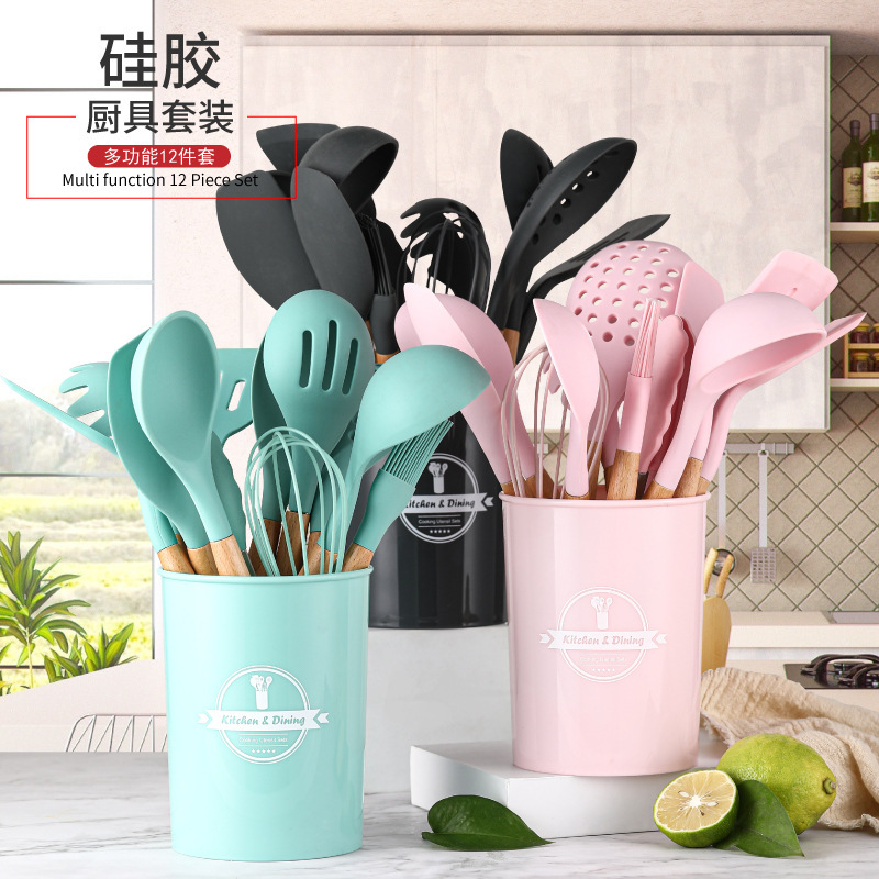 Wooden handle silicone kitchenware 12-pi...