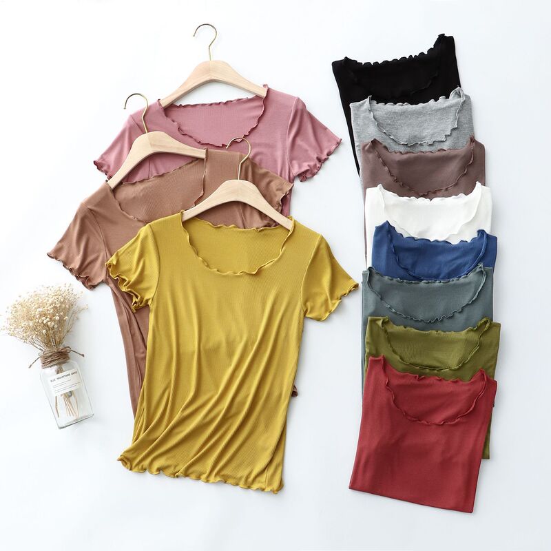 Summer New Style Ear Round Neck Base Shirt Elastic Large Size Lace Women's Top Korean Style Mask Short Sleeve T-shirt