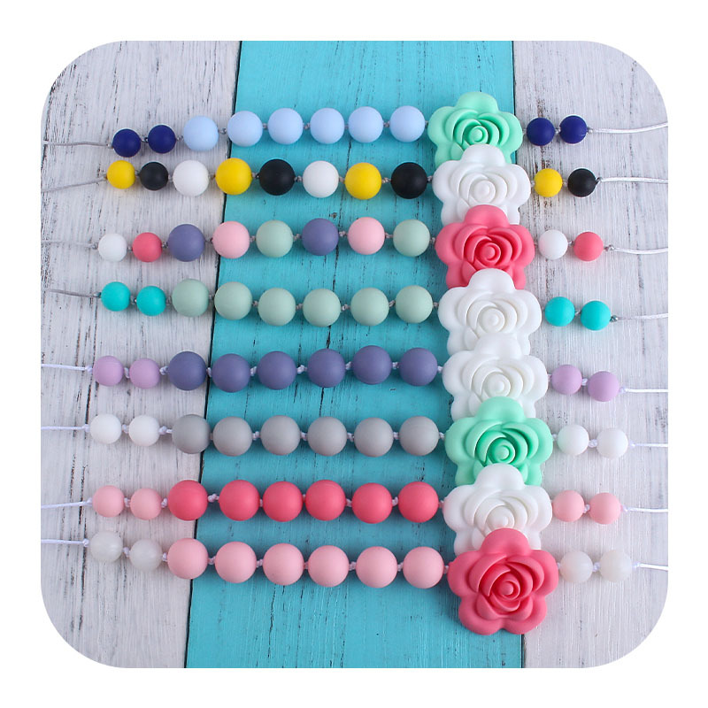 Venta caliente forma de Rosa collar de silicona mordedor masticable colgante infantil molar mordedor de silicona pulsera de cuentas