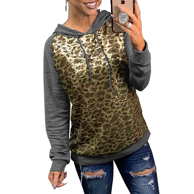 women long-sleeved autumn leopard sequin stitching street style hooded pullover sweater  NSSI2729