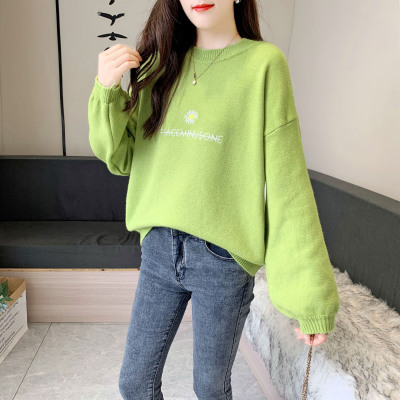 2020秋冬新款泡泡袖慵懒风韩版小雏菊刺绣套头毛衣女针织百搭上衣|ms