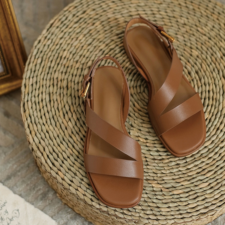 Sandal nữ đế bệt phong cách La Mã da bò hở ngón mùa hè — Màu nâu chi tiết 15