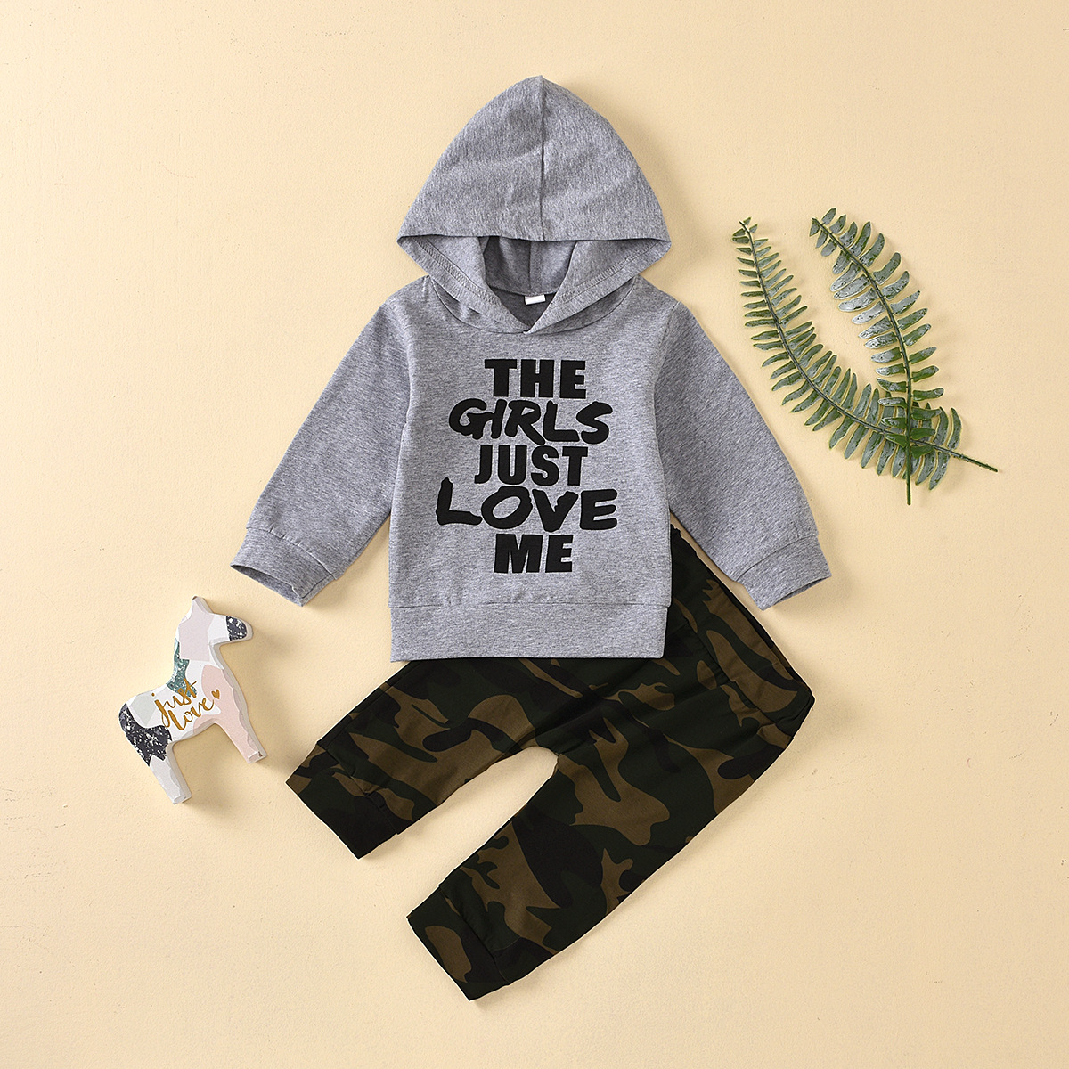 Boys Korean Spring Autumn Letter Print Hooded Camouflage Pant Two-piece Baby Suit display picture 5