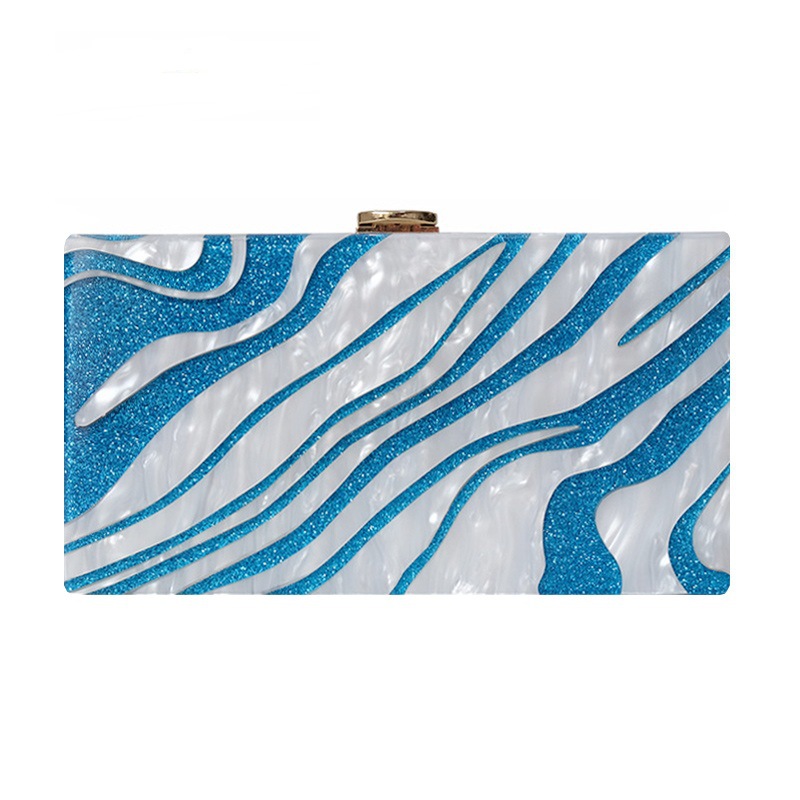 女士歐美單肩斜跨包 藍色條紋亮片亞克力包 時尚晚宴金屬框手拿包