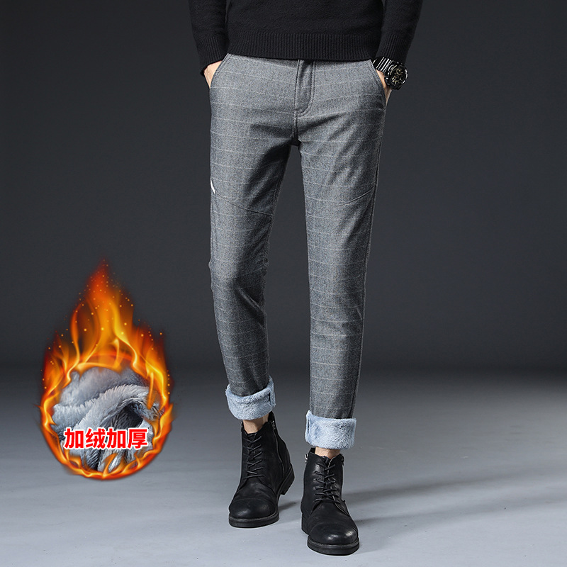 2020冬季男士磨毛加厚长裤 韩版潮男弹力加绒青年直筒格子休闲裤|ms
