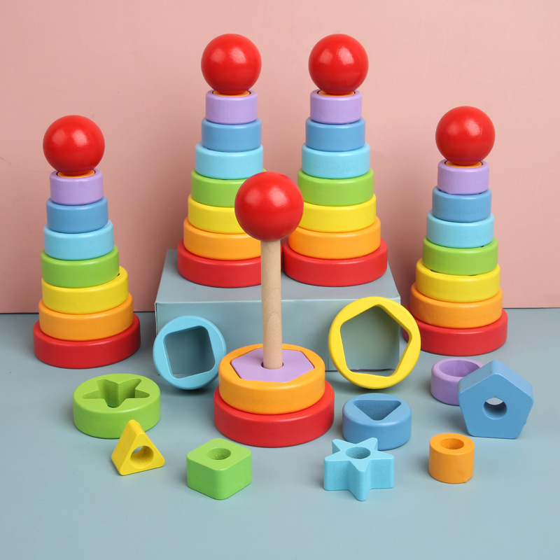 The manufacturer directly supplies wooden geometric rainbow Hanoi Tower children's early education puzzle color shape matching stacked circle toys