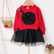 2018春秋季童装韩版蕾丝卡通天鹅拼纱儿童公主裙女童连衣裙代发1