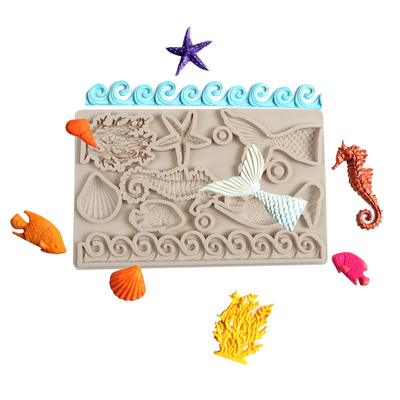 Cristal epoxi molde concha marina mar fondant cake molde algas peces de mar Starfish herramienta para hornear