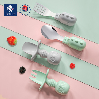 Britain evoceler Baby Having dinner train Spoon Brachypodium silica gel children tableware Complementary food Fork spoon