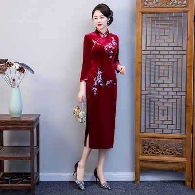 旗袍女中国风大码加绒加厚长袖改良复古妈妈装冬季保暖气质婚宴装