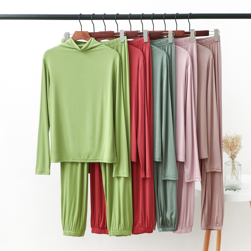 Modal large size elastic home clothing suit high collar long sleeve bottoming shirt + toe closure home pants two-piece set