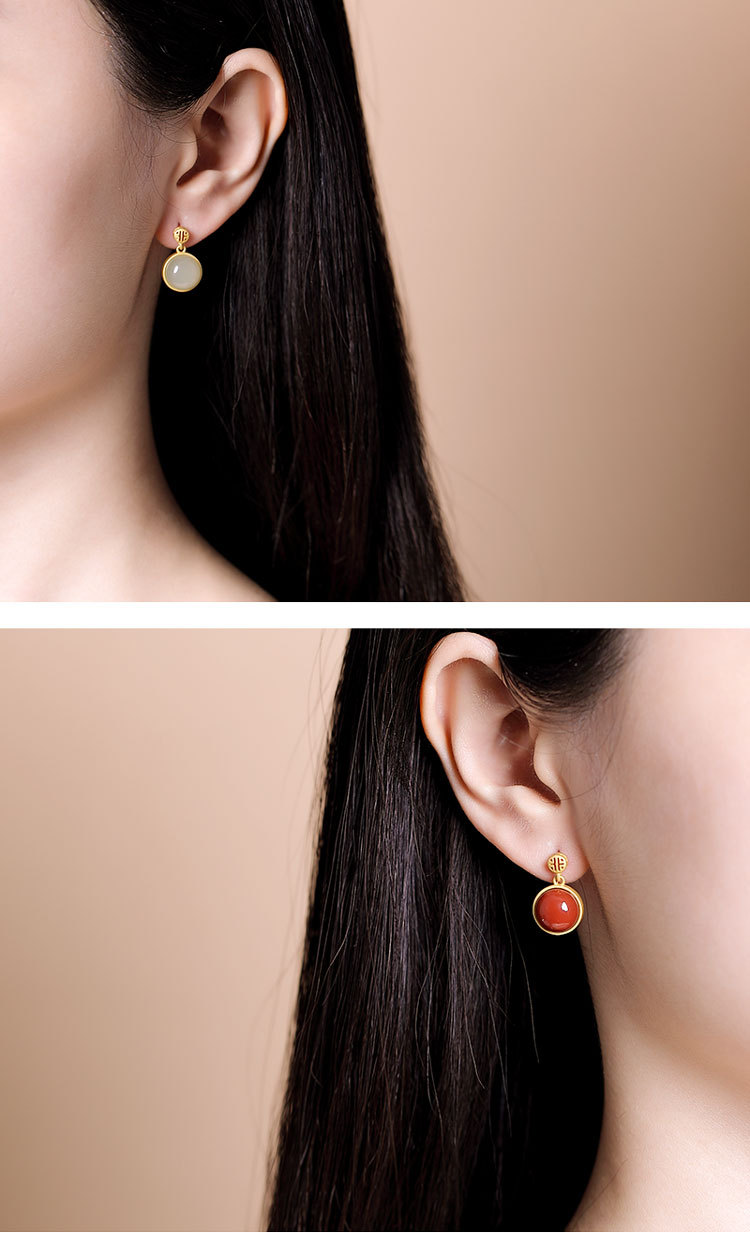 Bông tai nữ bạc S925 mạ vàng đính mã não đỏ và ngọc bích Hetian phong cách cổ điển — Kiểu Sapphire chi tiết 5