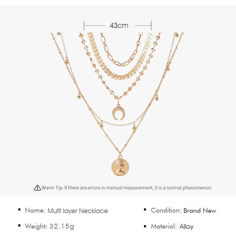 New Style Bohemian 5 Layer Necklace Fashion Multi-layer Gold-plated Moon Pendant Necklace Wholesale Nihaojewelry display picture 1