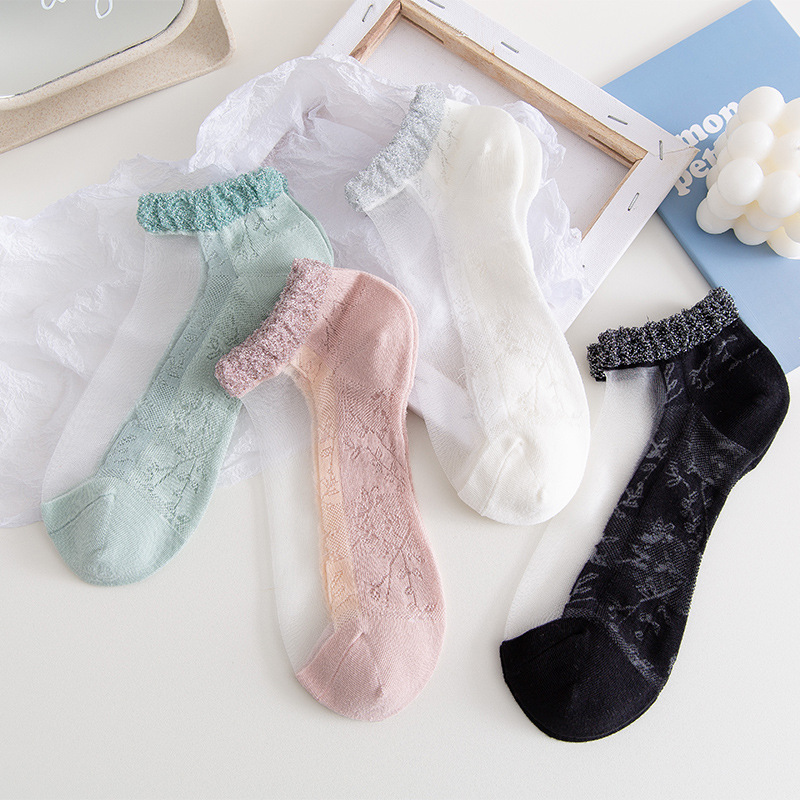 Socks Women's Short Socks Shallow Mouth Summer Mesh Lace Sweet Transparent Crystal Socks Japanese Style Lace Cotton Bottom Glass Silk Stockings
