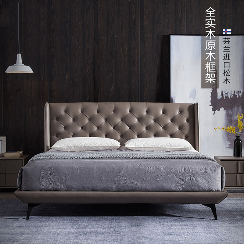 意式极简实木床北欧真皮床1.5米1.8米现代简约双人床网红小户型床