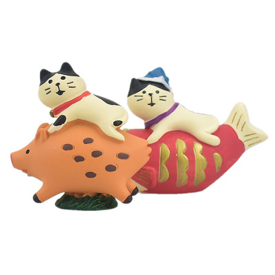 日式杂货decole骑猪猫鲤鱼猫祝愿吉祥物创意桌面办公摆件生日礼物|ms
