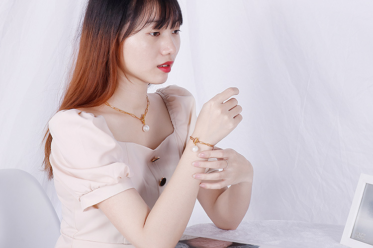 new stainless steel square chain pearl necklace bracelet set wholesale Nihaojewelry