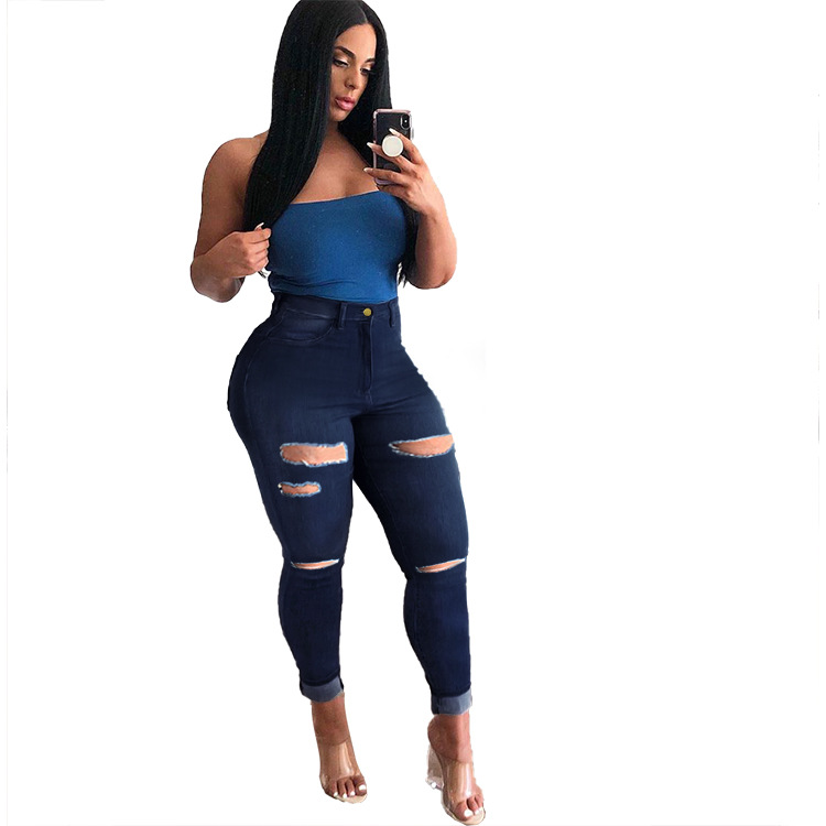 plus size high stretch hole slim jeans nihaostyles wholesale clothes NSWL92377