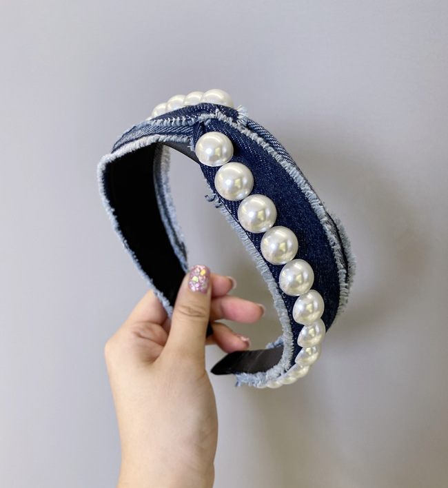 Korean fashion pearl headband simple denim knotted cross widebrimmed headband fashion girl hair band wholesale hair accessoriespicture13