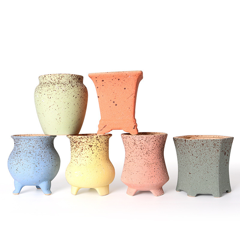 Creative handmade old pile ceramic fleshy flowerpot set frosted coarse pottery flowerpot potted plant green plant ornaments wholesale