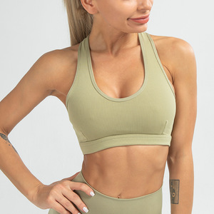现货！跨境新款罗纹竖条纯色运动文胸防震聚拢高强度美背瑜伽文胸