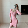 V-neck low chest pleated slim fit buttock skirt with bottom skirt long sleeve dress