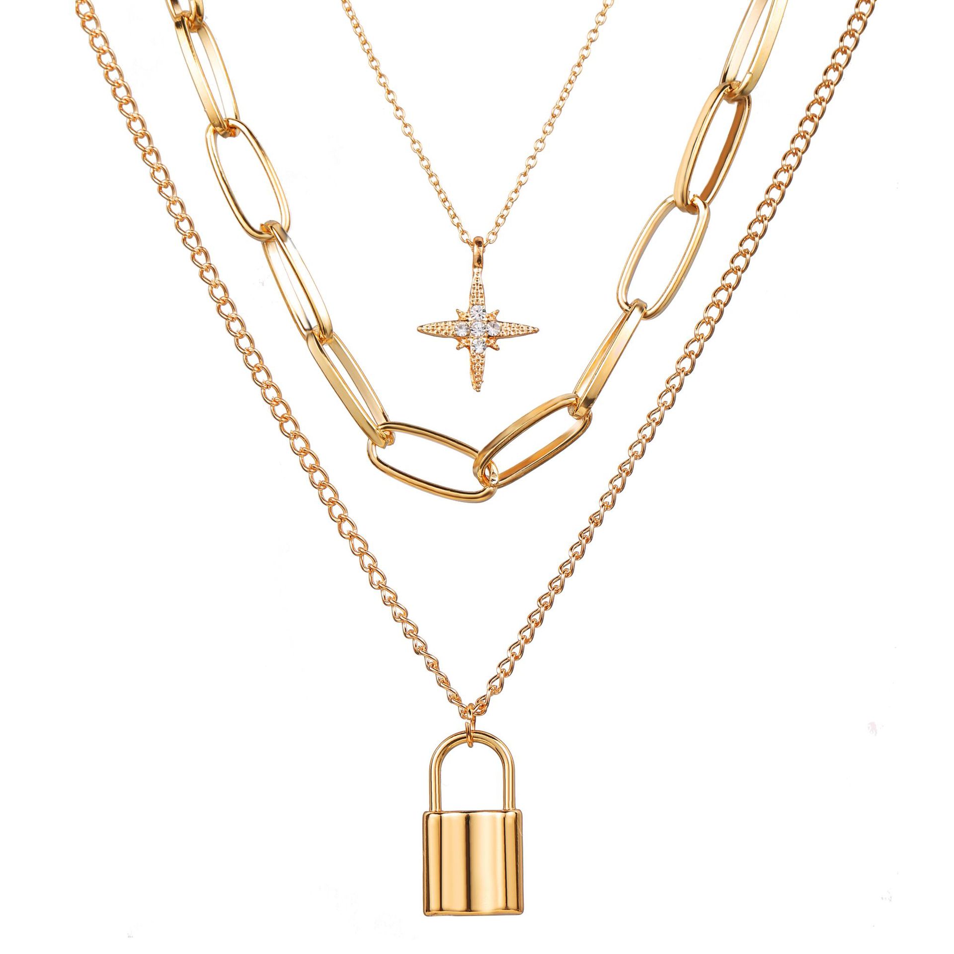 Multi-layer Creative Retro Simple Eight-pointed Star Lock Pendant Thick Necklace display picture 1