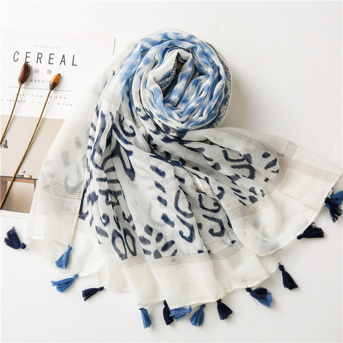 Harajuku style Japanese style forest girl style ripple print pattern sun protection shawl scarf beach towel cotton and linen tassel silk scarf for women